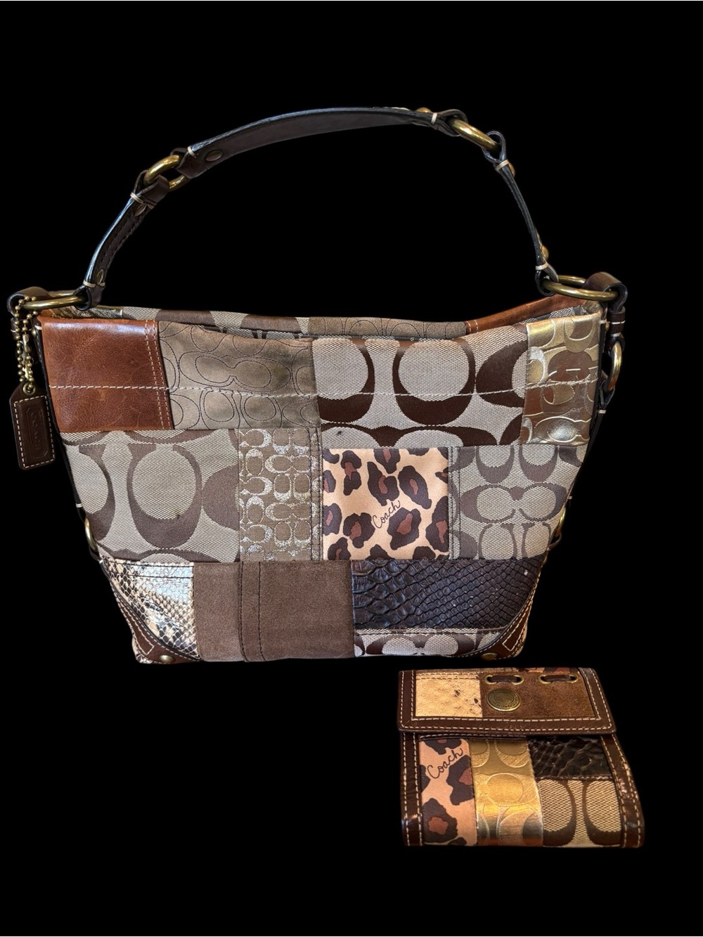 Vintage Coach Carly Brown Patchwork Jacquard Hobo Shoulder Bag Leopard + Purse